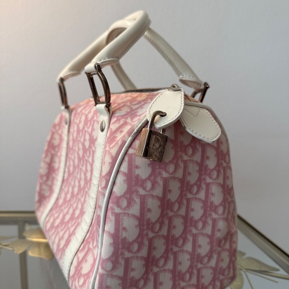 Vintage Christian Dior Pink Trotter Monogram Leather Trim Boston Bag - Picture 2 of 7
